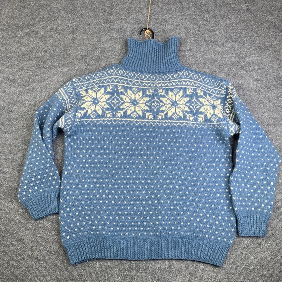 Husfliden Stavanger Handknitted Norway Wool Sweater Blue Nordic Snowflake Mens L